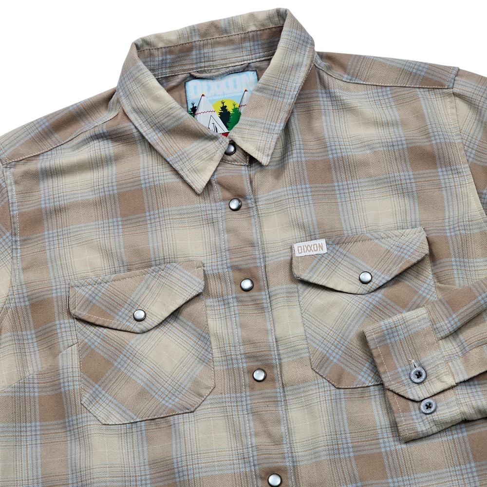 Dixxon Flannel The Holbrook Women XL Tan Blue Plaid Snap D-Tech Biker Moto Shirt